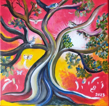 Painting titled "L'arbre aux message…" by Jacqueline Clermont (Jbc35), Original Artwork, Acrylic Mounted on Wood Stretcher f…