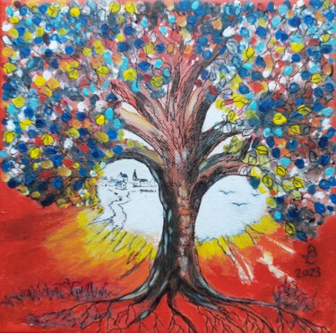 Картина под названием "L'arbre" - Jacqueline Clermont (Jbc35), Подлинное произведение искусства, Акрил Установлен на Деревян…
