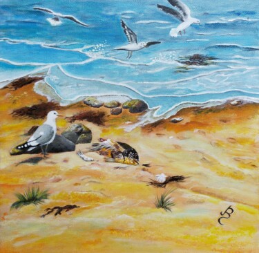 Malerei mit dem Titel "Mouettes à la plage" von Jacqueline Clermont (Jbc35), Original-Kunstwerk, Acryl Auf Keilrahmen aus Ho…