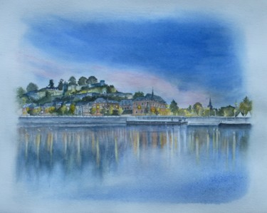 Painting titled "Namur la nuit" by Jacqueline De Ro, Original Artwork, Watercolor