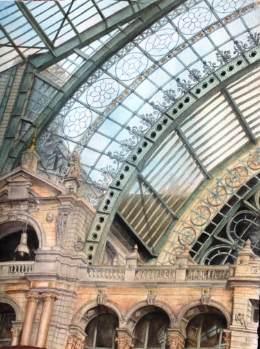 Peinture intitulée "Gare d'Anvers - Bel…" par Jacqueline De Ro, Œuvre d'art originale, Aquarelle
