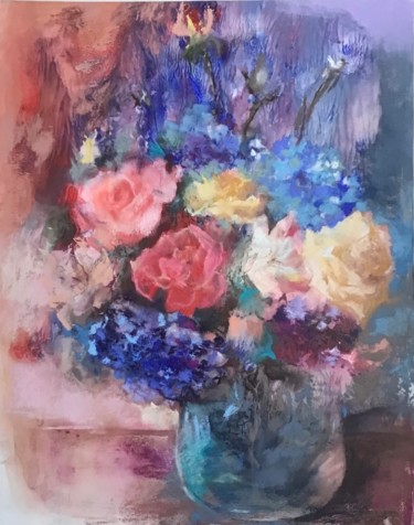 Painting titled "Roses et hortensias" by Jacqueline Flumian, Original Artwork, Pastel