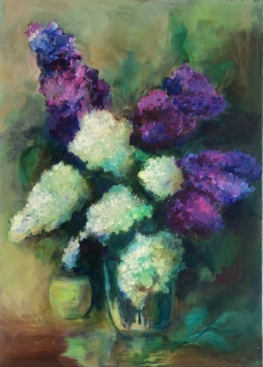 Картина под названием "Bouquet de lilas" - Jacqueline Flumian, Подлинное произведение искусства, Масло
