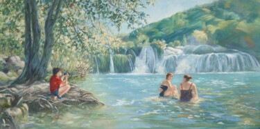 Painting titled "Cascades en Croatie" by Jacqueline Pasero, Original Artwork, Oil Mounted on Wood Stretcher frame