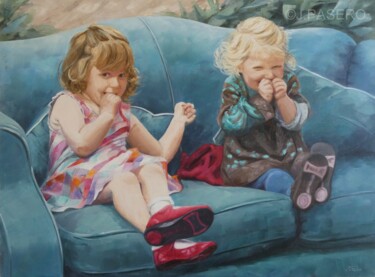 Painting titled "Pretty petites angl…" by Jacqueline Pasero, Original Artwork, Oil Mounted on Wood Stretcher frame