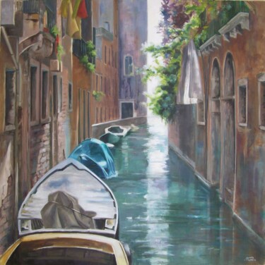 Painting titled "Canots à Venise" by Jacqueline Pasero, Original Artwork, Oil Mounted on Wood Stretcher frame