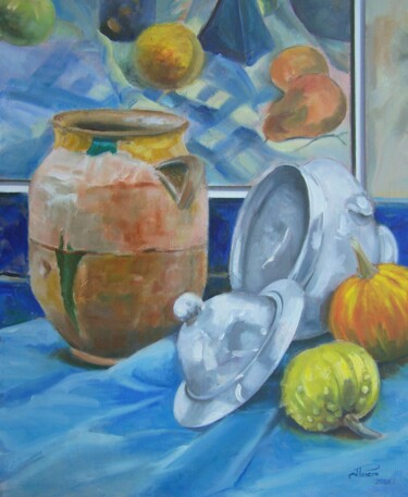 Painting titled "Poterie et potirons" by Jacqueline Pasero, Original Artwork, Oil Mounted on Wood Stretcher frame