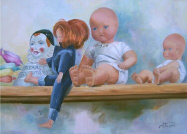 Painting titled "Pierrot gourmand" by Jacqueline Pasero, Original Artwork, Oil Mounted on Wood Stretcher frame