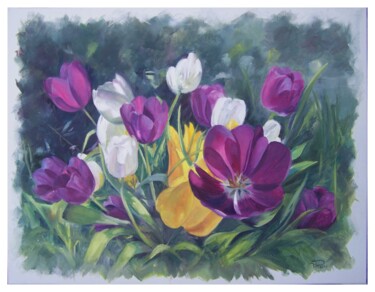 Painting titled "Tulipes" by Jacqueline Pasero, Original Artwork, Oil Mounted on Wood Stretcher frame