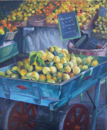 Painting titled "Marché de Menton" by Jacqueline Pasero, Original Artwork, Oil Mounted on Wood Stretcher frame