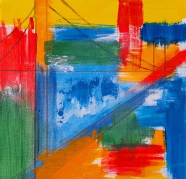 Painting titled "Un pont à Los Angel…" by Jacqueline Poitevin, Original Artwork, Acrylic Mounted on Wood Stretcher frame