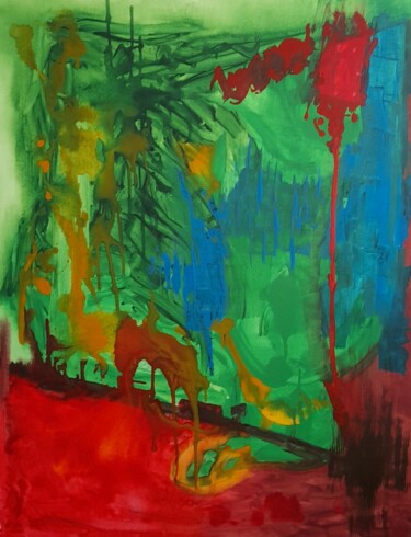 Painting titled "Forêt tropicale" by Jacqueline Poitevin, Original Artwork, Acrylic Mounted on Wood Stretcher frame