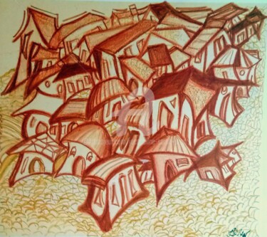 Dessin intitulée "LES MAISONS BISCORN…" par Jacqueline Sarah Uzan, Œuvre d'art originale, Pastel