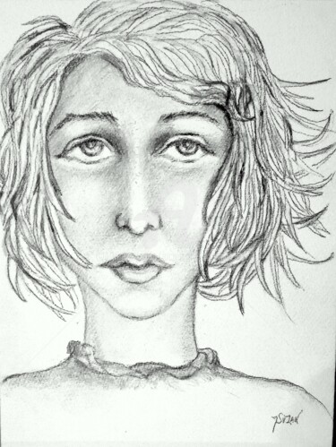 Drawing titled "CHEVEUX AU VENT" by Jacqueline Sarah Uzan, Original Artwork, Pencil