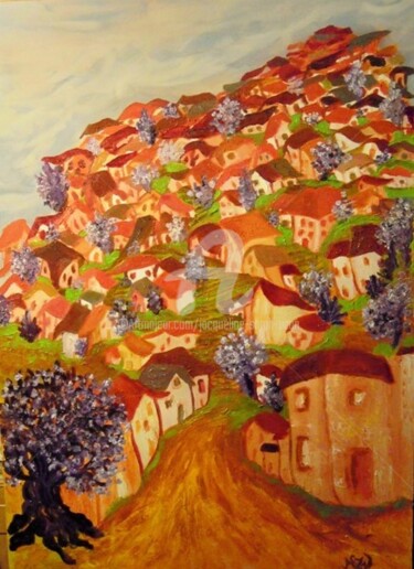 Peinture intitulée "le village en fleurs" par Jacqueline Sarah Uzan, Œuvre d'art originale, Huile