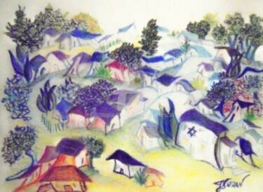 Peinture intitulée "le village bleu" par Jacqueline Sarah Uzan, Œuvre d'art originale, Huile