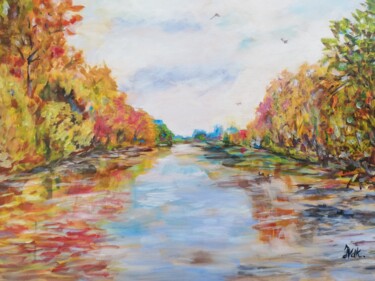 Painting titled "Canal en automne" by Jacqueline Vandrebeck, Original Artwork, Acrylic Mounted on Wood Stretcher frame