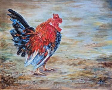 Painting titled "Le coq" by Jacqueline Vandrebeck, Original Artwork, Acrylic Mounted on Wood Stretcher frame