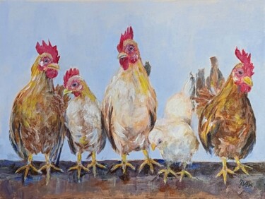 Painting titled "Coqs et poule" by Jacqueline Vandrebeck, Original Artwork, Acrylic Mounted on Wood Stretcher frame