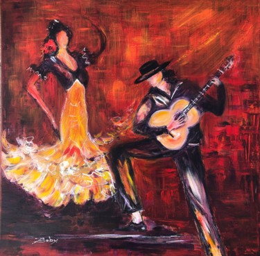 Painting titled "Duo Flamenco" by Jacqueline Baby, Original Artwork, Acrylic Mounted on Wood Stretcher frame