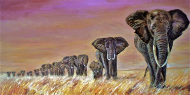 Painting titled "Les éléphants" by Jacqueline Baby, Original Artwork, Acrylic Mounted on Wood Stretcher frame