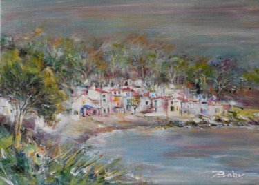 Painting titled "Village de pécheurs" by Jacqueline Baby, Original Artwork, Acrylic Mounted on Wood Stretcher frame
