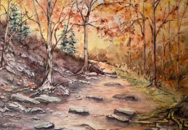 Painting titled "Le chemin" by Jacqueline Baby, Original Artwork, Watercolor Mounted on Cardboard