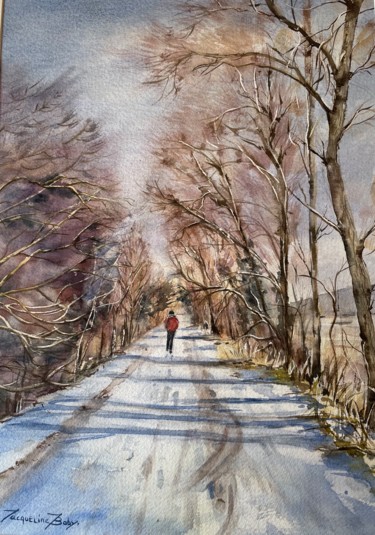 Painting titled "Promenade Hivernale" by Jacqueline Baby, Original Artwork, Watercolor Mounted on Cardboard