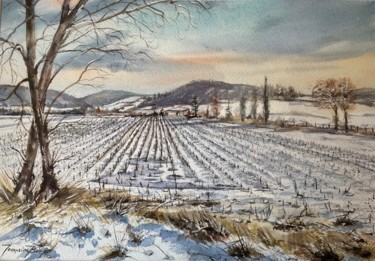 Painting titled "Hiver" by Jacqueline Baby, Original Artwork, Watercolor Mounted on Cardboard