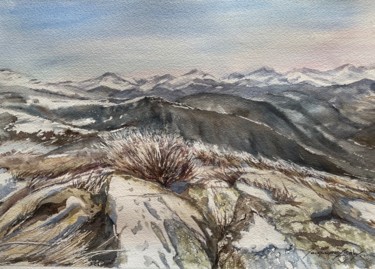 Painting titled "Pyrénées vue du Fou…" by Jacqueline Baby, Original Artwork, Watercolor Mounted on Cardboard