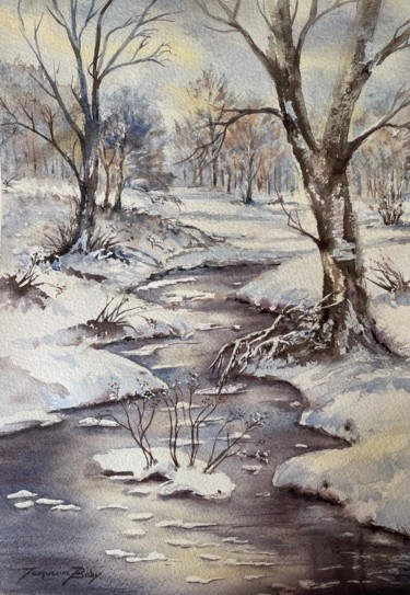 Painting titled "Le petit ruisseau" by Jacqueline Baby, Original Artwork, Watercolor Mounted on Cardboard