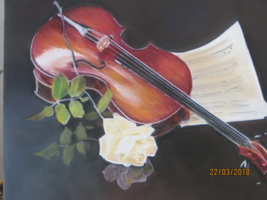 Ζωγραφική με τίτλο "violon avec sa rose" από Jacqueline Kerleau, Αυθεντικά έργα τέχνης, Παστέλ Τοποθετήθηκε στο Άλλος άκαμπτ…