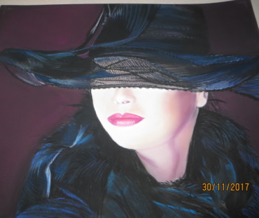 Malerei mit dem Titel "la dame au chapeau" von Jacqueline Kerleau, Original-Kunstwerk, Pastell Auf Glas montiert