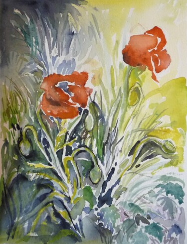 Painting titled "Coquelicots 2" by Jacqueline Klocke, Original Artwork, Watercolor