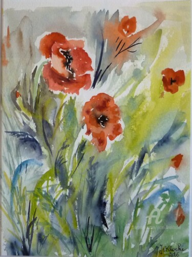 Painting titled "Coquelicots" by Jacqueline Klocke, Original Artwork, Watercolor