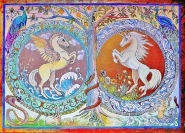 Pintura intitulada "Pégase et la Licorn…" por Jacqueline Klocke, Obras de arte originais, Acrílico Montado em Armação em mad…