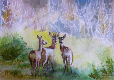 Painting titled "Chevreuils." by Jacqueline Klocke, Original Artwork, Watercolor Mounted on Other rigid panel