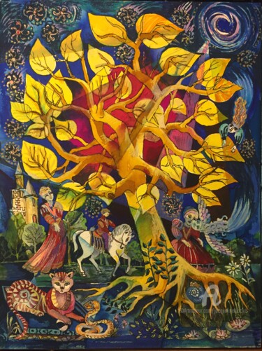 Painting titled "L'arbre au pays des…" by Jacqueline Klocke, Original Artwork, Watercolor Mounted on Wood Panel