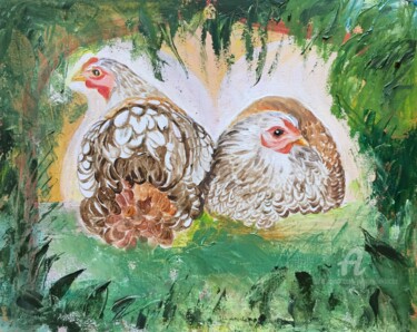 Pintura titulada "Les deux poulettes" por Jacqueline Klocke, Obra de arte original, Acrílico Montado en Bastidor de camilla…