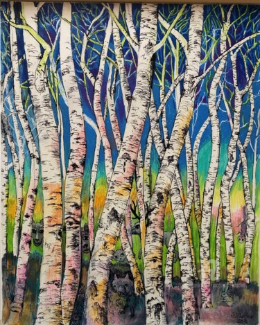 Painting titled "Dans la forêt de bo…" by Jacqueline Klocke, Original Artwork, Acrylic Mounted on Cardboard