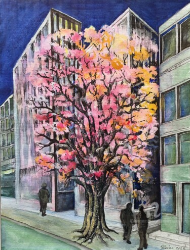 Painting titled "Urban tree" by Jacqueline Klocke, Original Artwork, Watercolor