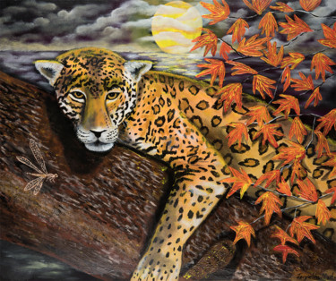 Painting titled "Autumn Jaguar" by Jacqueline Melendez, Original Artwork, Acrylic
