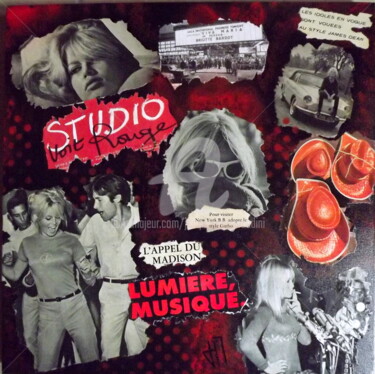 Collages titled "Le Studio voit rouge" by Jacqueline Morandini, Original Artwork, Collages Mounted on Wood Stretcher frame