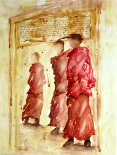Painting titled "Pèlerins de la Paix…" by Jacqueline Pascaud, Original Artwork, Watercolor Mounted on Other rigid panel