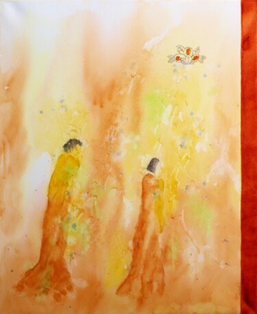 Painting titled "Dialogues avec l'an…" by Jacqueline Pascaud, Original Artwork, Watercolor Mounted on Wood Stretcher frame