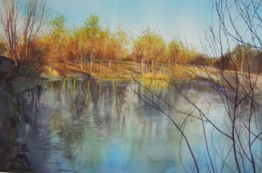 Painting titled "L'ETANG DE BOUVILLE" by Marie-Claude Jacquemard, Original Artwork, Oil