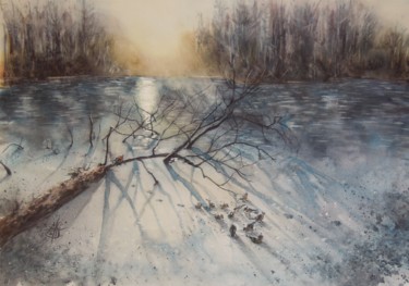 Painting titled "TRACES SUR LA NEIGE" by Marie-Claude Jacquemard, Original Artwork, Watercolor