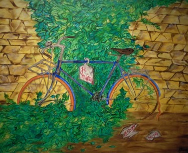Painting titled "La bicyclette bleue" by Jacques Chazel, Original Artwork, Oil Mounted on Wood Stretcher frame
