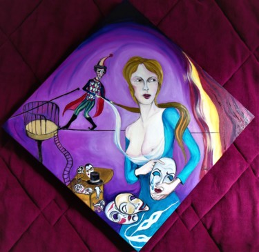 Painting titled "Bas les masques" by Jacques Chazel, Original Artwork, Oil Mounted on Wood Stretcher frame