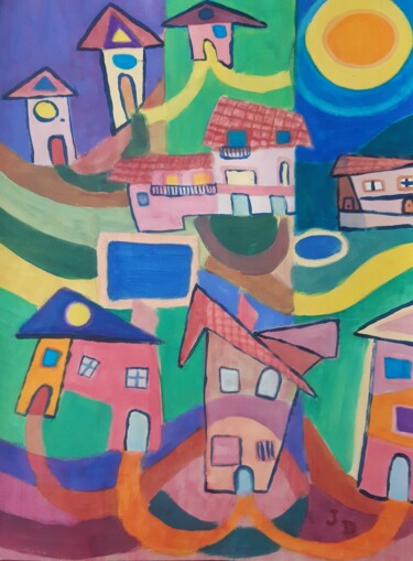 Malerei mit dem Titel "Village ensoleillé" von Jacques Desvaux (JD), Original-Kunstwerk, Acryl